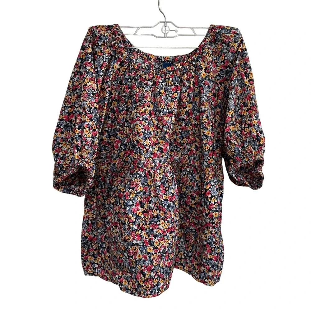 Old Navy Womens Large Ditsy Floral Puff Sleeve Babydoll Blouse Navy Blue Red
